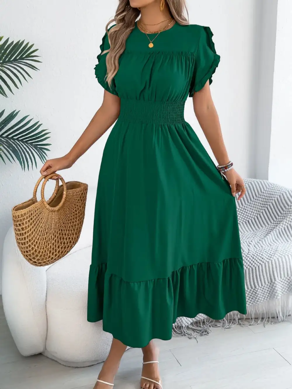 Crew Neck Ruffled Smocked Midi Dress