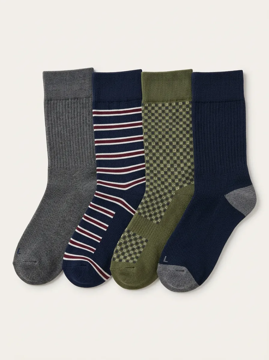 Striped Geometric Ribbed Texture Reinforced Heel Men's Crew Socks Four-Pair Pack