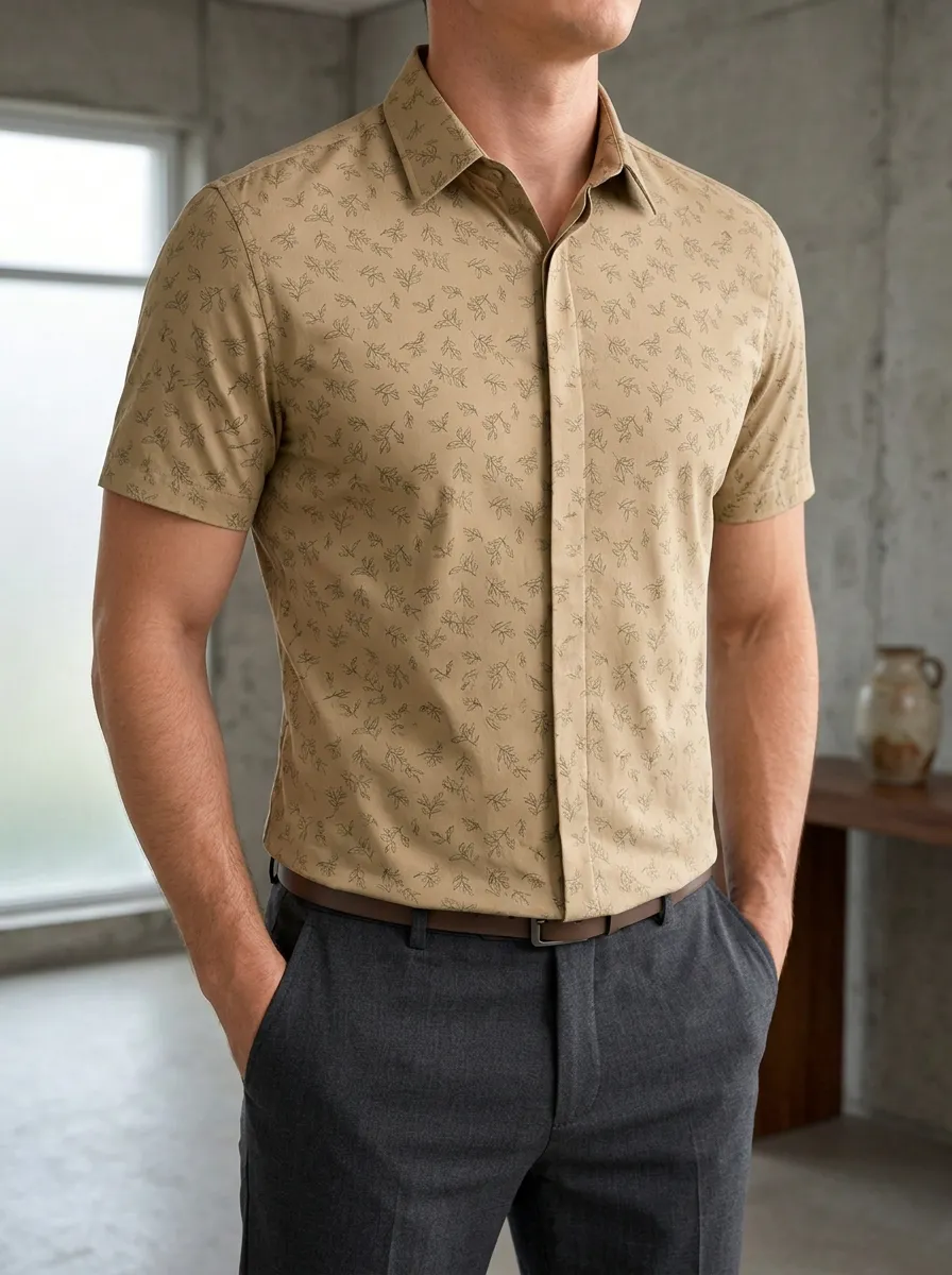 Men's Casual Style Beige Leaf Pattern Printed Slim Fit Shirt