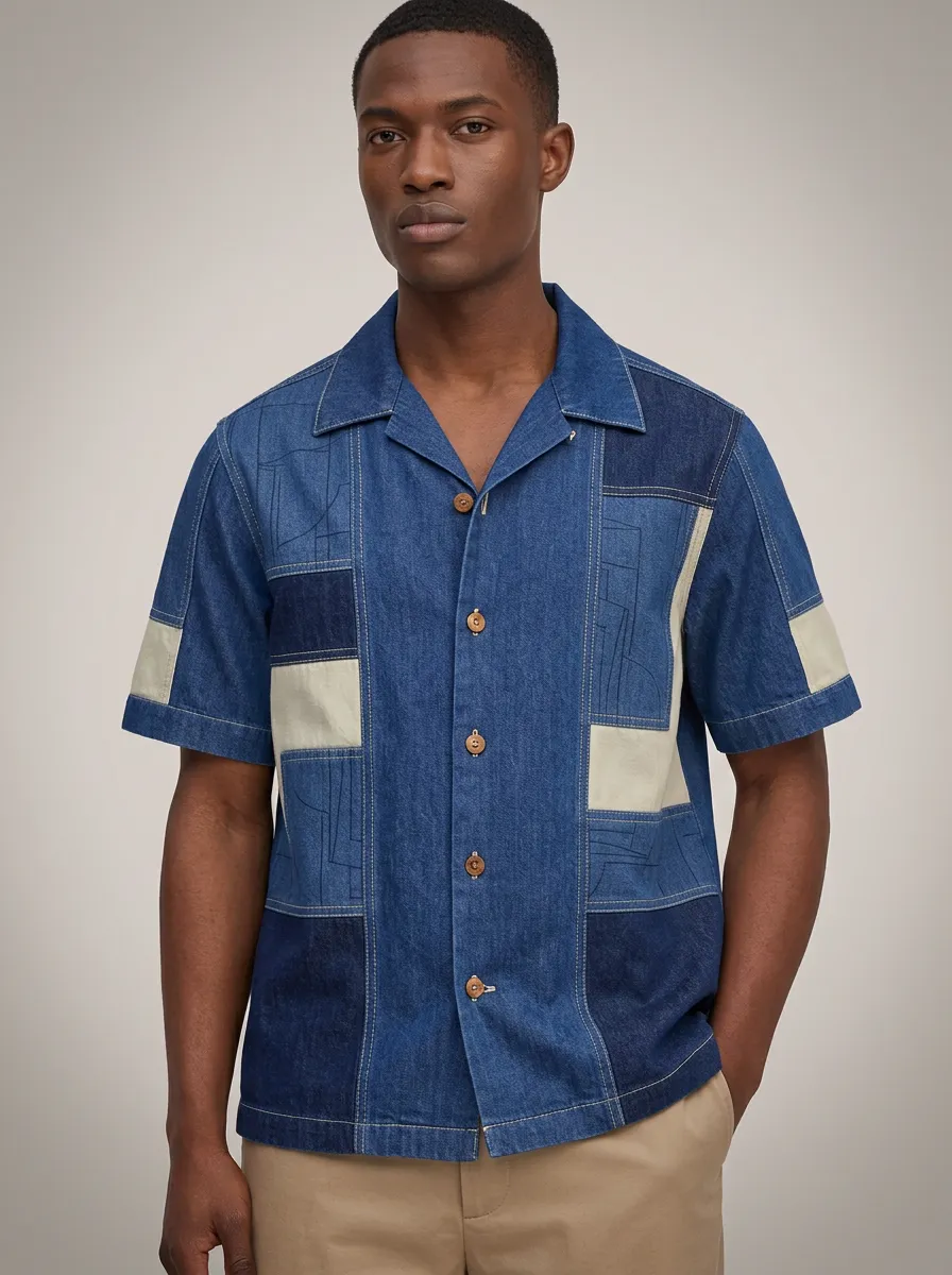 Men's Geometric Patchwork Pattern Everyday Short Sleeve Denim Shirt