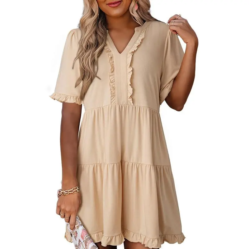 Womens Dresses 2025 Summer Spring V Neck Ruffle Short Sleeve Casual A-Line Flowy Swing Shift Dress Mini Dress