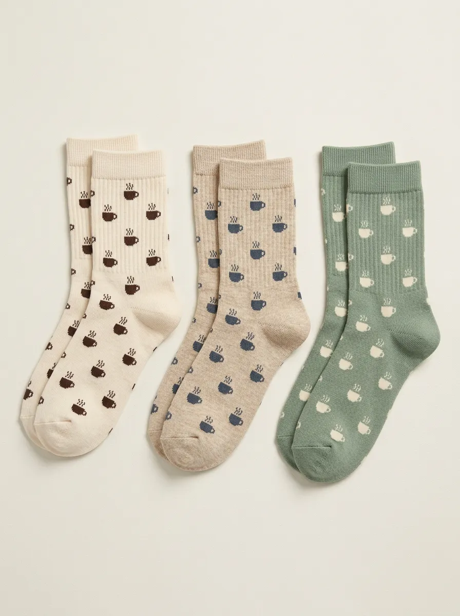 Women's 3-Pair Repeating Coffee Cup Crew Sock Set