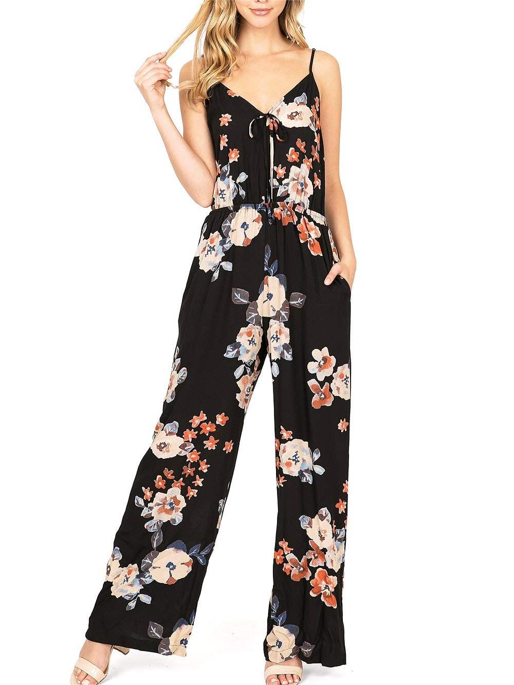 Black Floral Print Spaghetti - Strap Jumpsuit