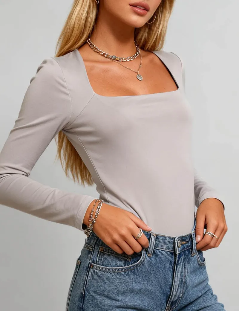 Solid Color Square Neck Long Sleeves Bodysuit