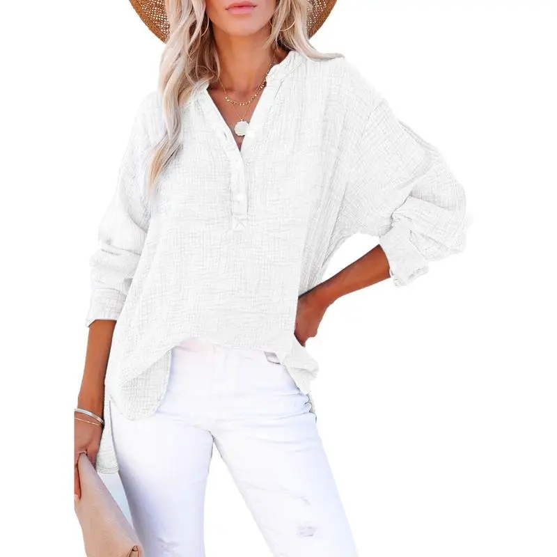 Women's Casual Button V Neck Long Sleeve Shirts Oversized Solid Blouses Tops 100% Cotton