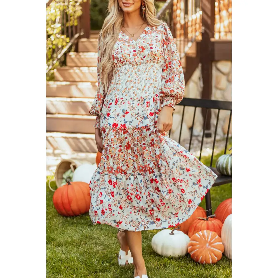 Full Size V-Neck Lantern Sleeve Midi Dress