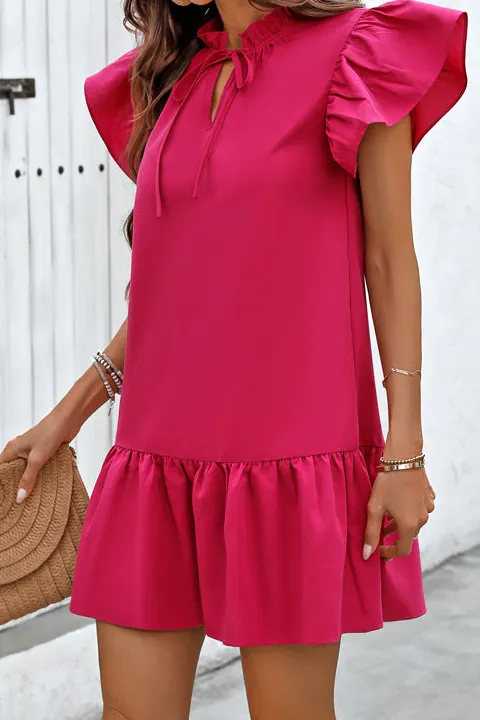 Ruffle Sleeve V Neck Solid Dress