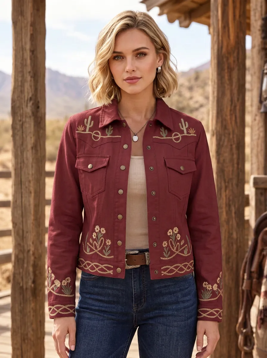 Women's Western Cactus Floral Embroidery Floral Embroidered Jacket