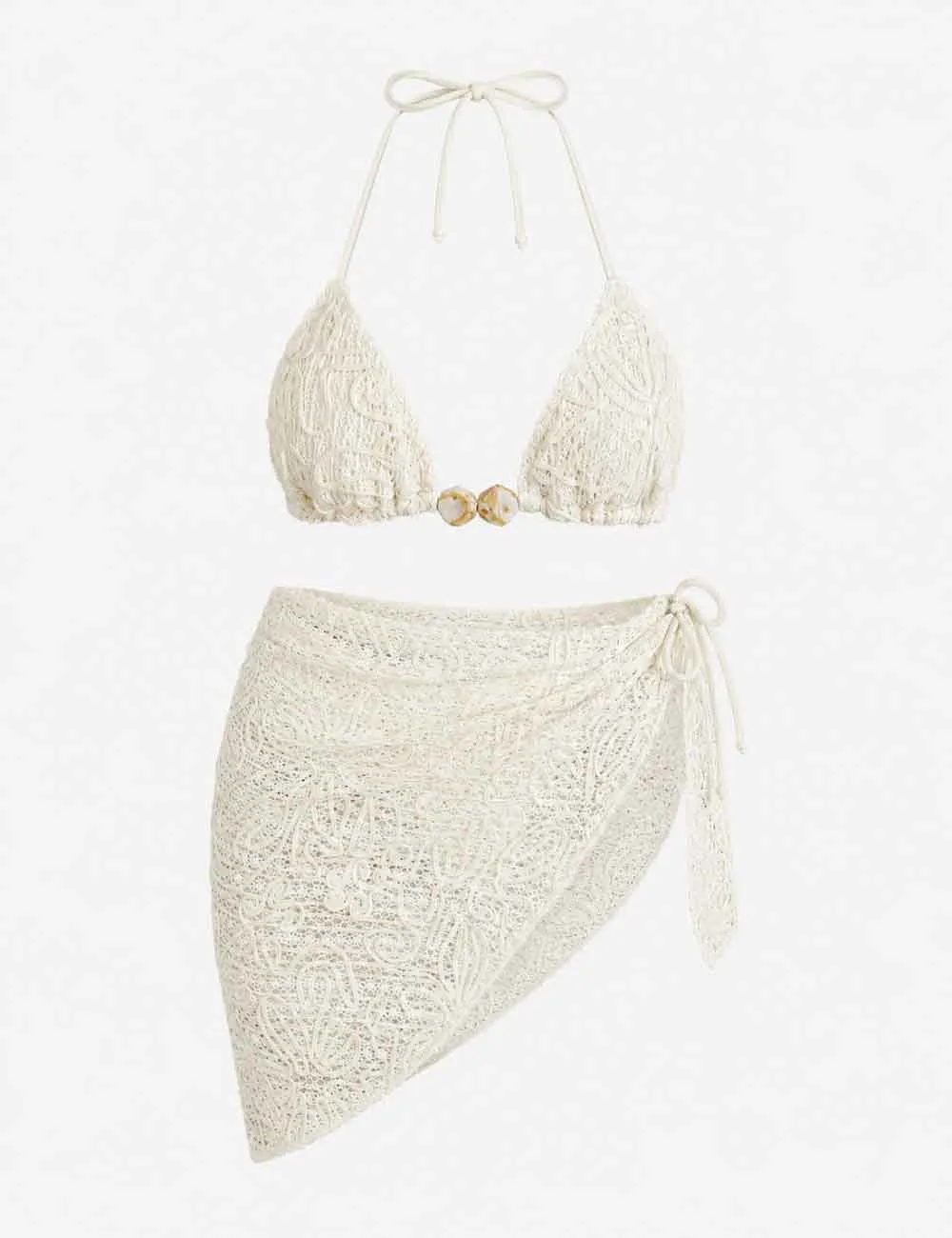 Crochet Triangle Bikini Set with Wrap Cover Up Skirt