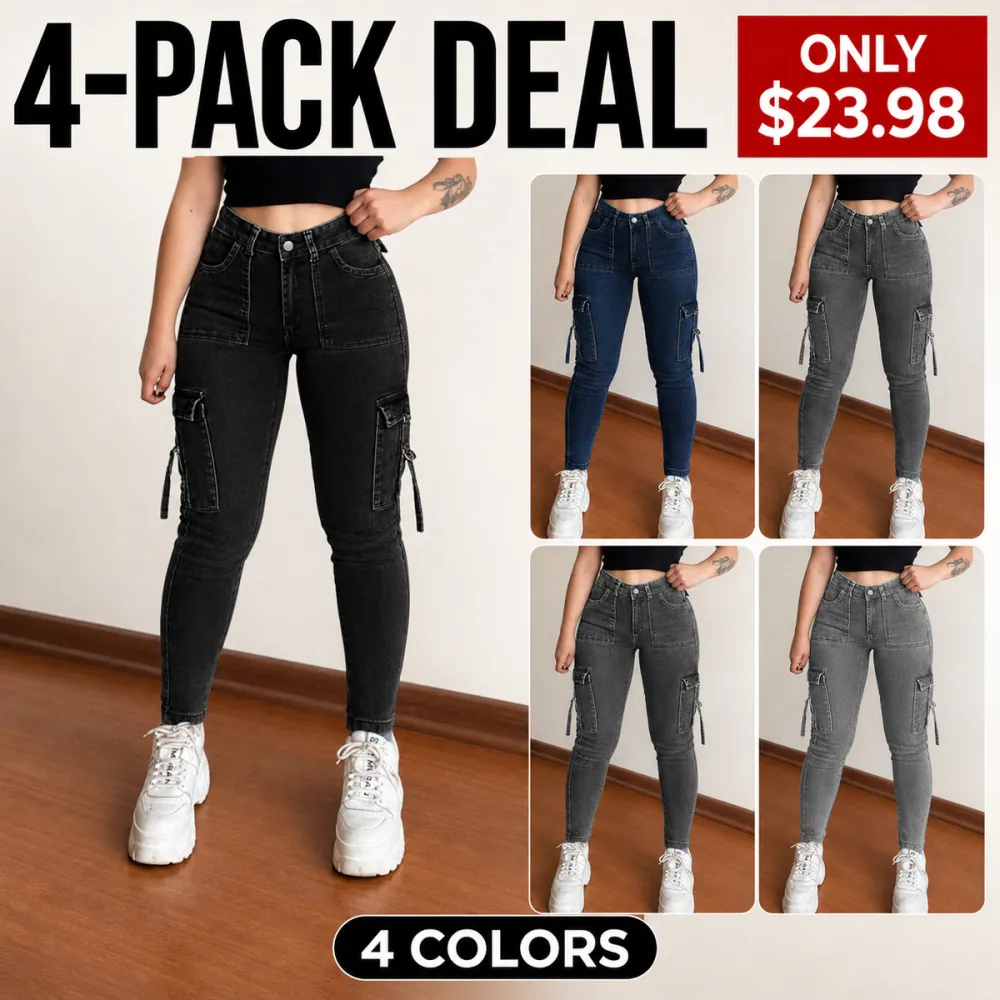 Women's Multi-Pocket Denim Cargo Pants High-Waisted Slim Fit