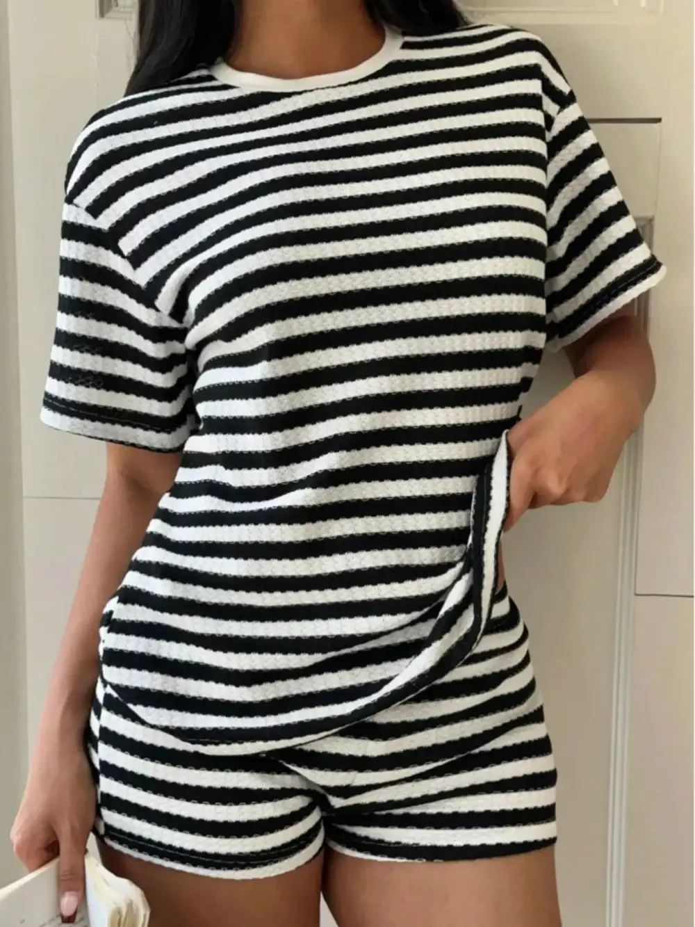 Easy Striped Round Neck Top and Shorts Set