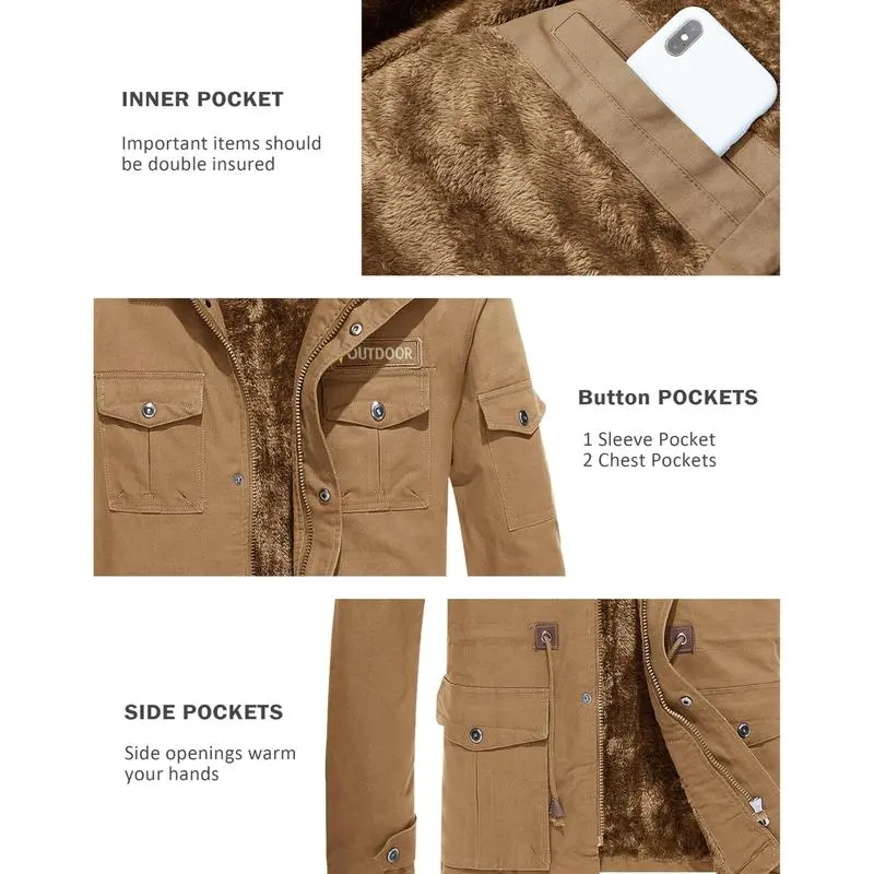 Men's Winter Coat Jacket Fleece Lined Parka Cotton Cargo Jacket Menswear Tops Long Sleeve Warm Thermal Hoodie