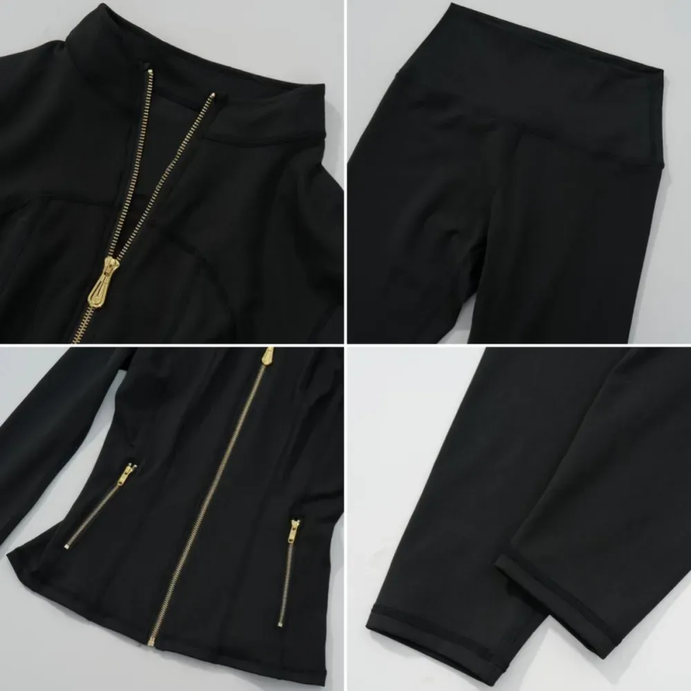 【Golden Zipper】【Gardenia Fragrance】Soft Brushed Women's Sporty Jacket, 25'' Inseam Leggings. Golden Zipper Jacket with Pockets, Yoga Pants, Thumbholes Design, Casual Wear for Women