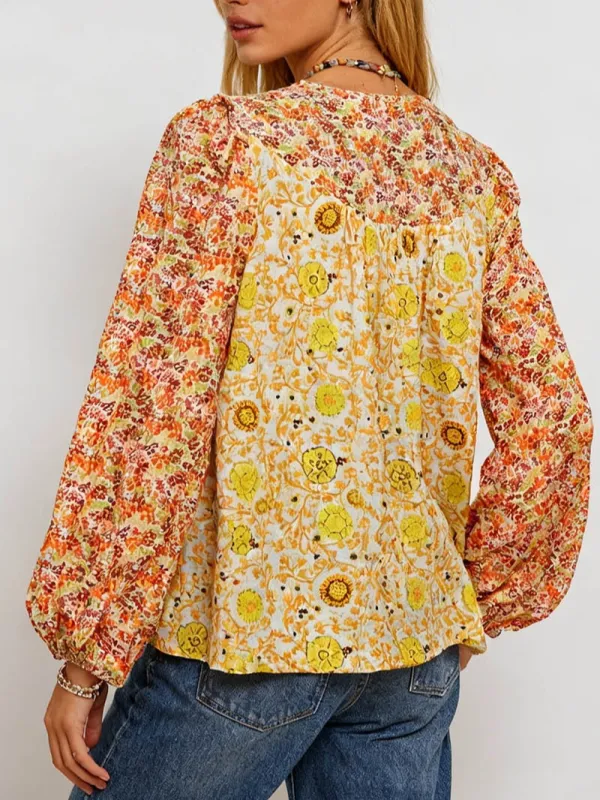 Boho Front Round Neck Long Sleeves Blouse