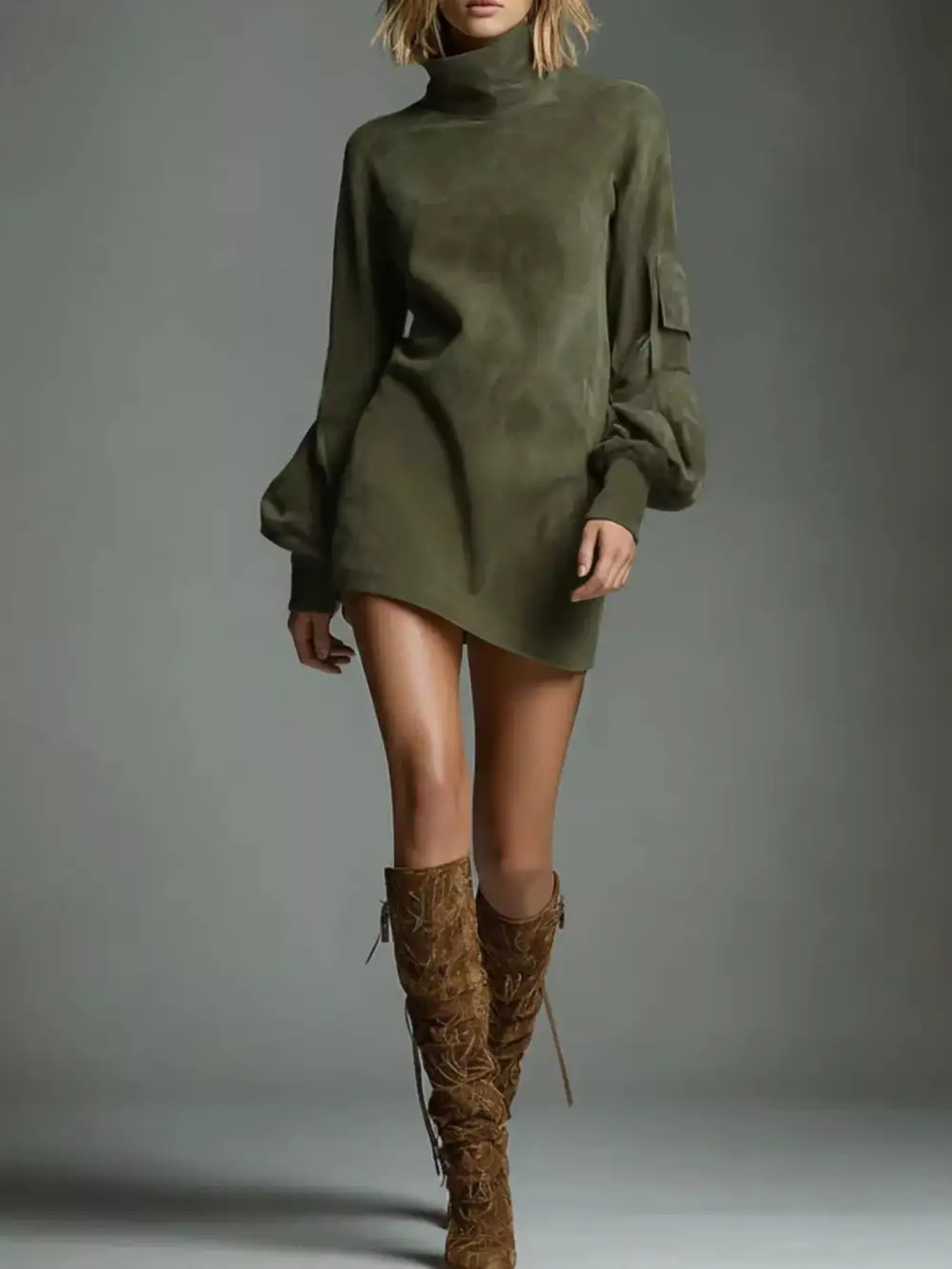 Pocketed Lantern Sleeve Mini Dress