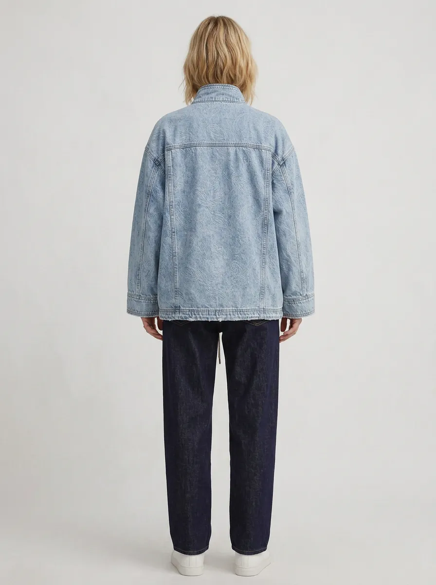 Women's Paisley Pattern Light Wash Printed Denim Jacket