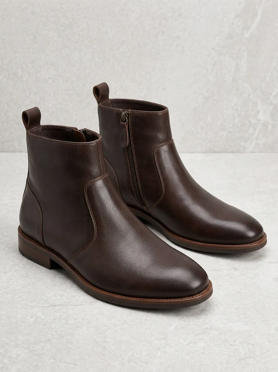 Utility Inspired Brown Ankle Work Boots with Leather Look