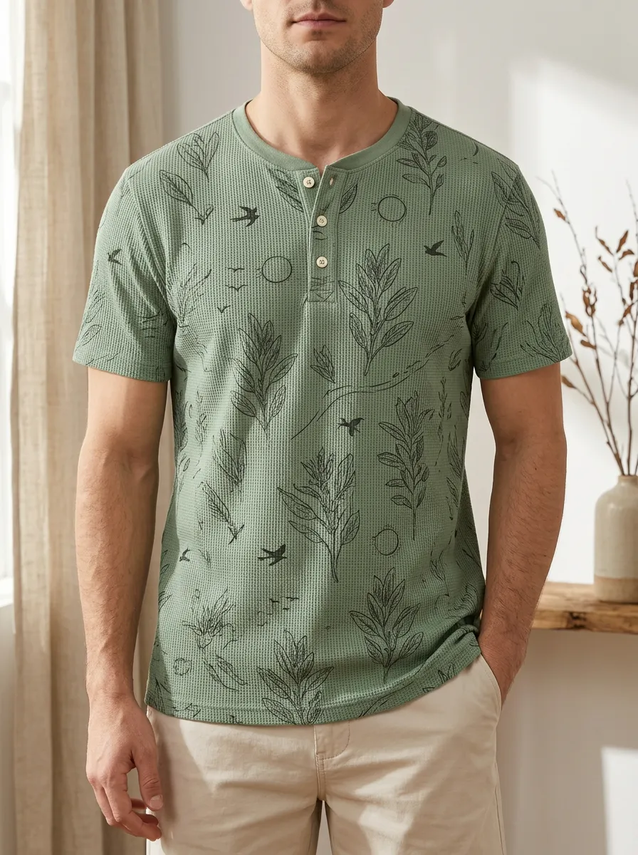 Men's Modern Botanical Bird Nature Waffle Henley T-Shirt