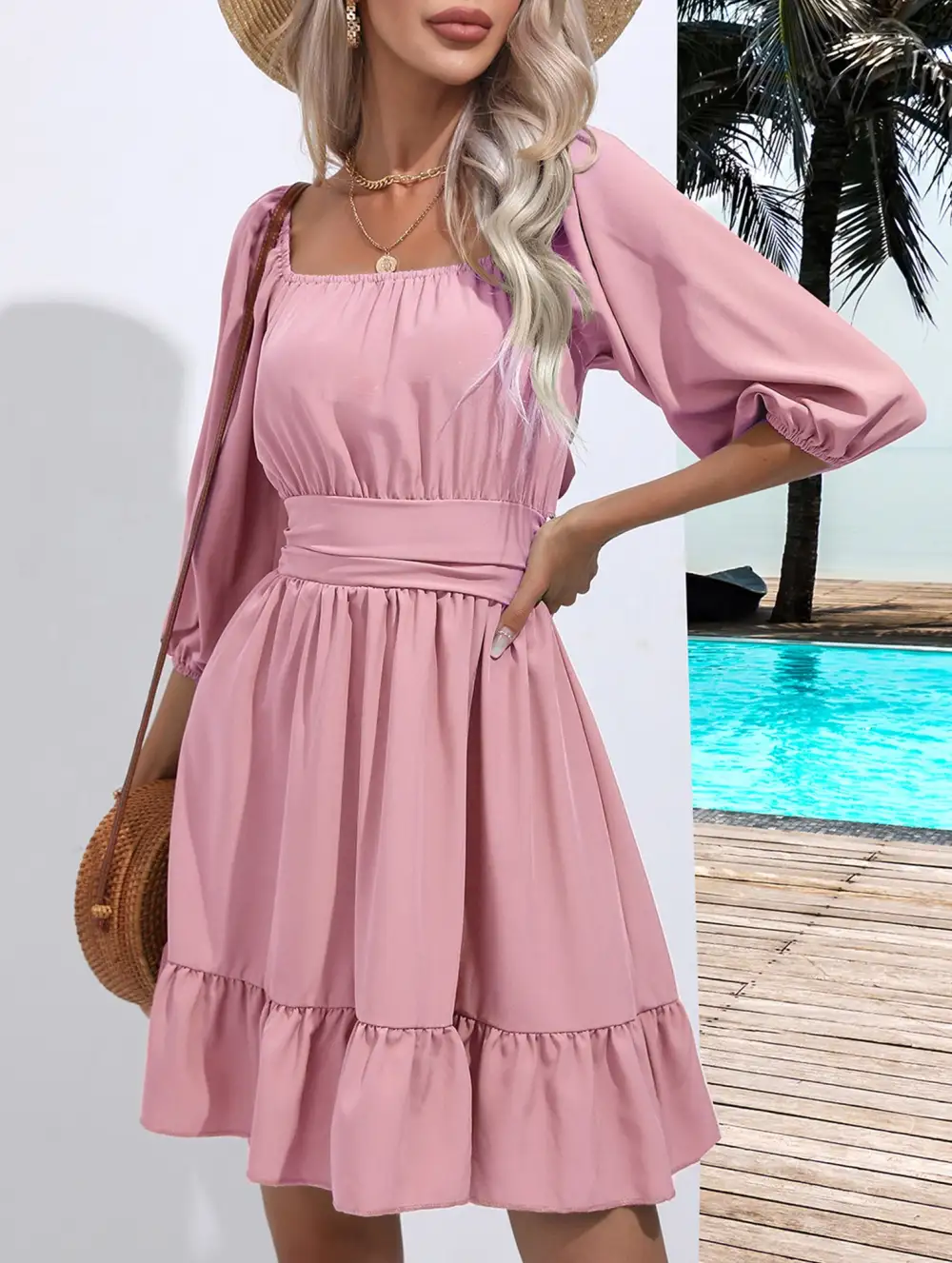 Square Neckline Ruffled Tie Up Short Dress