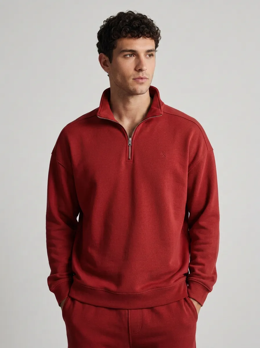 Men's Contemporary Minimalist Textured Embroidered Emblem Quarter-Zip Sweatshirt