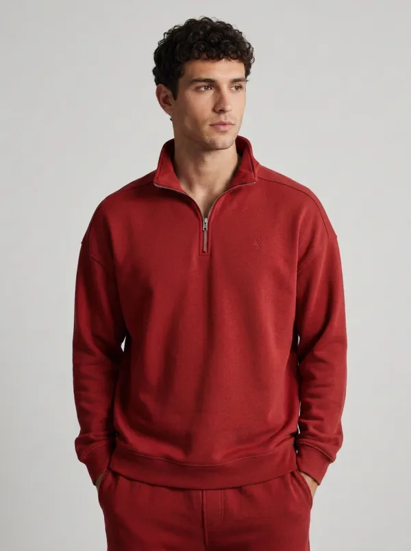 Men's Contemporary Minimalist Textured Embroidered Emblem Quarter-Zip Sweatshirt