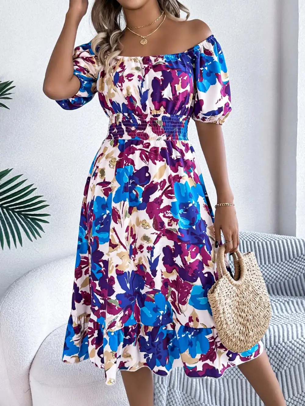 Textured Ruffle Trim Smocked Dress