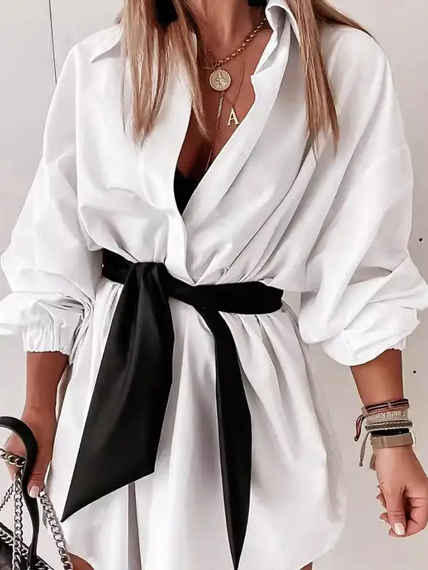 Long Sleeve Relaxed Buttoned Elasticity Tied Waist Lapel Mini Dress Shirt