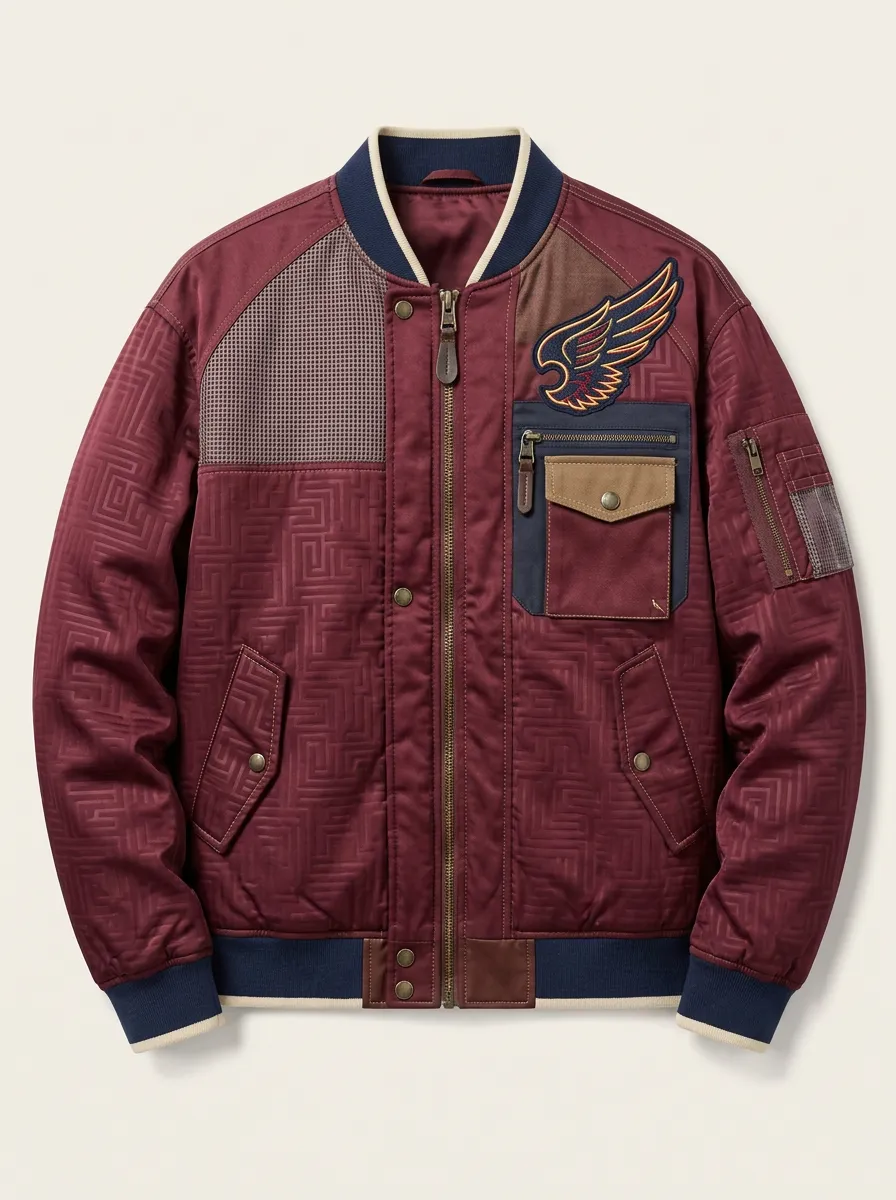 Men's Wing Patch Geometric Pattern Embroidered Bomber Jacket
