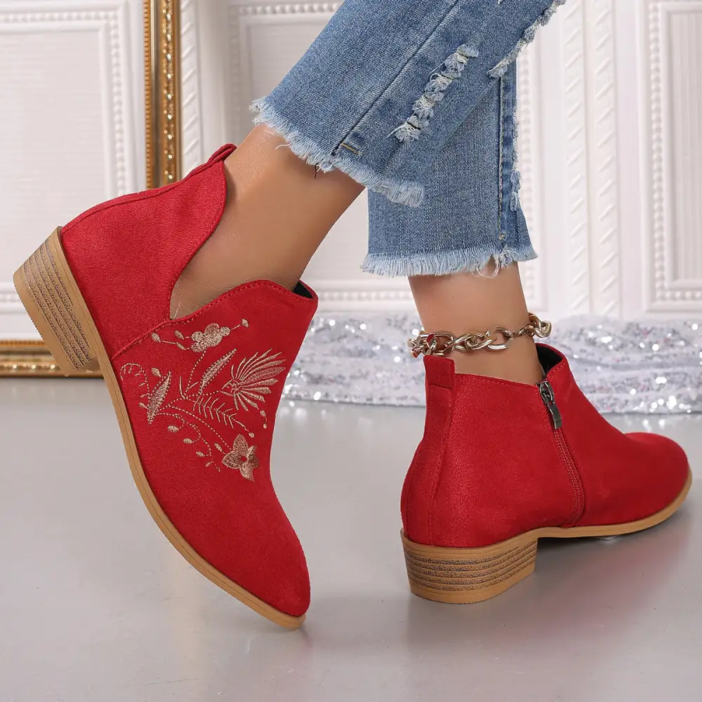 Embroidered Suede Pointed Toe Block Heel Boots