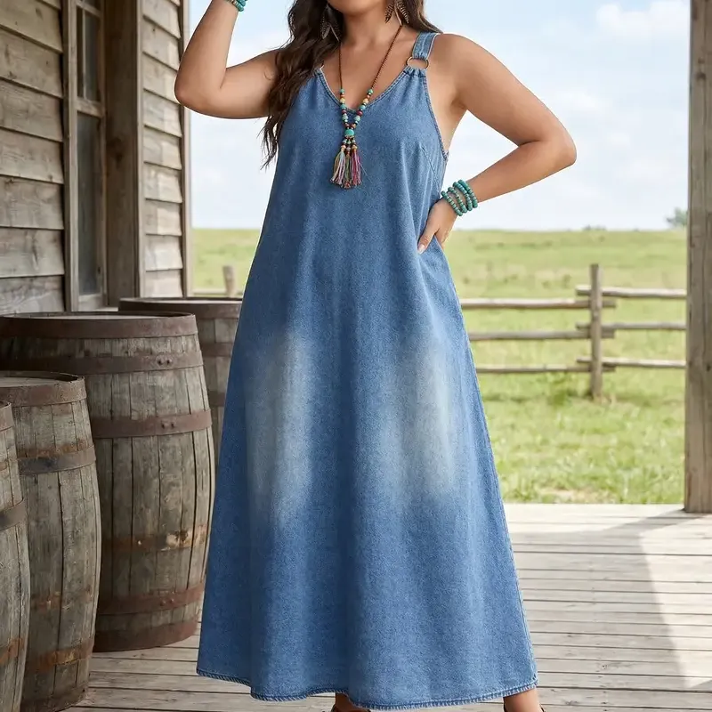 Women’s Sleeveless Denim Maxi Dress with Adjustable Cross Back Straps