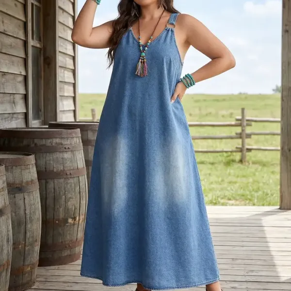 Women’s Sleeveless Denim Maxi Dress with Adjustable Cross Back Straps