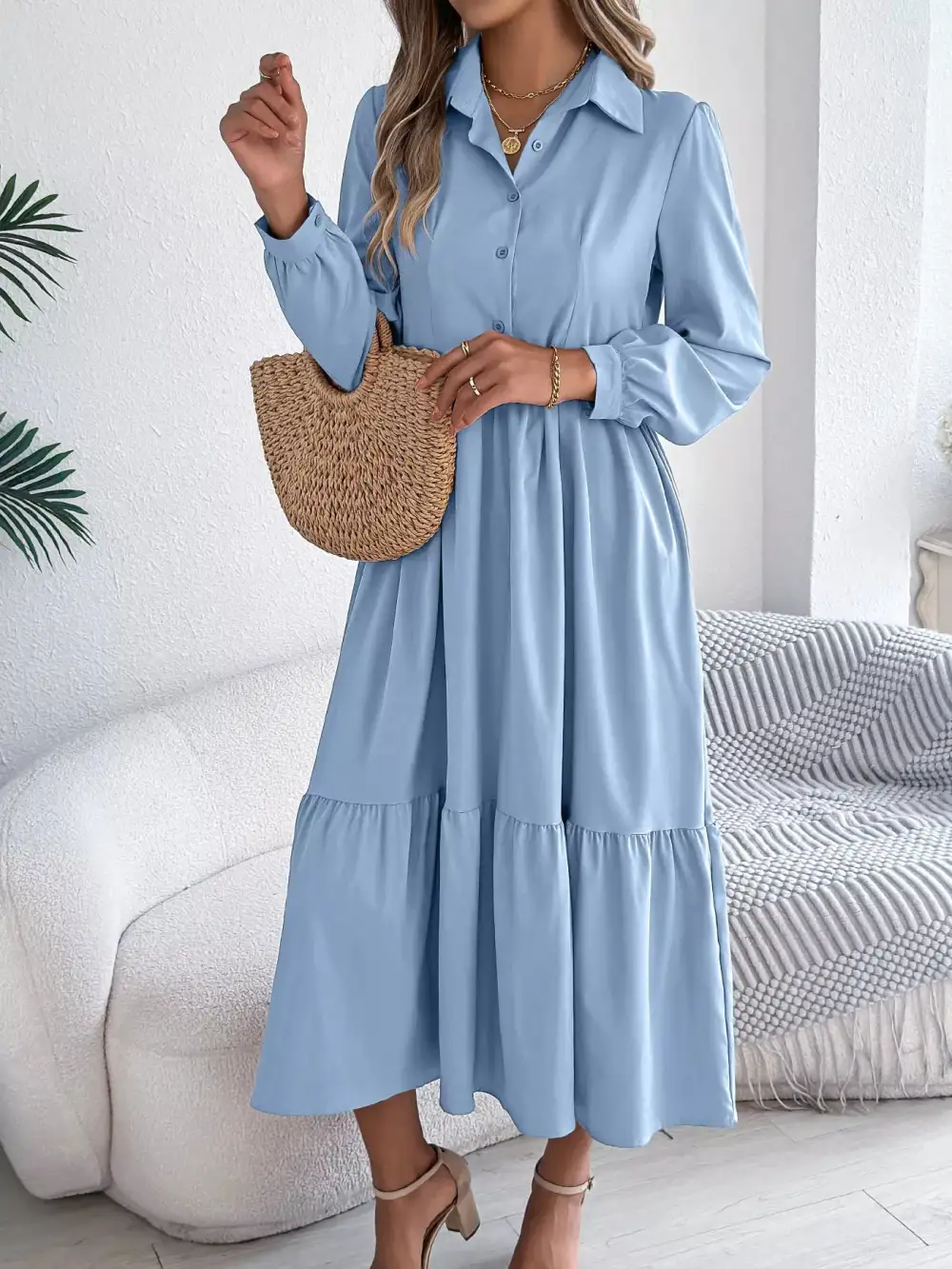 Button Front Tiered Long Sleeve Midi Dress