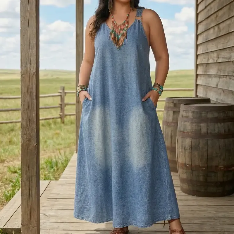 Women’s Sleeveless Denim Maxi Dress with Adjustable Cross Back Straps