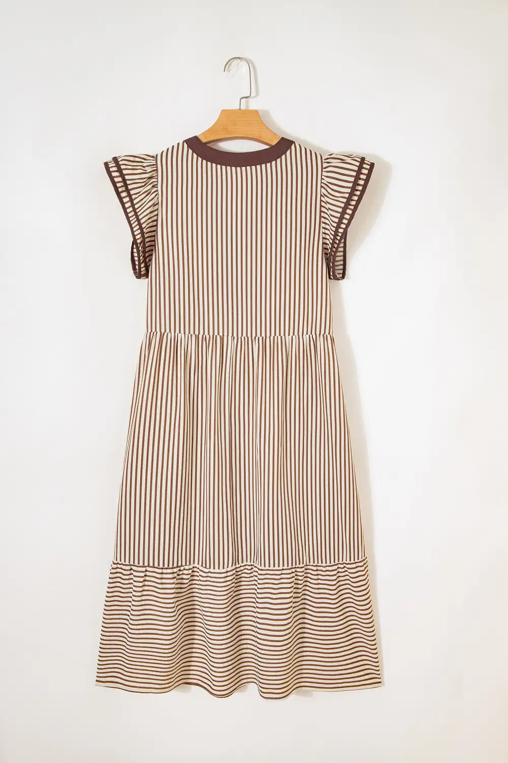 Lightweight Feel Striped V Neck Ruffle Midi Dress
