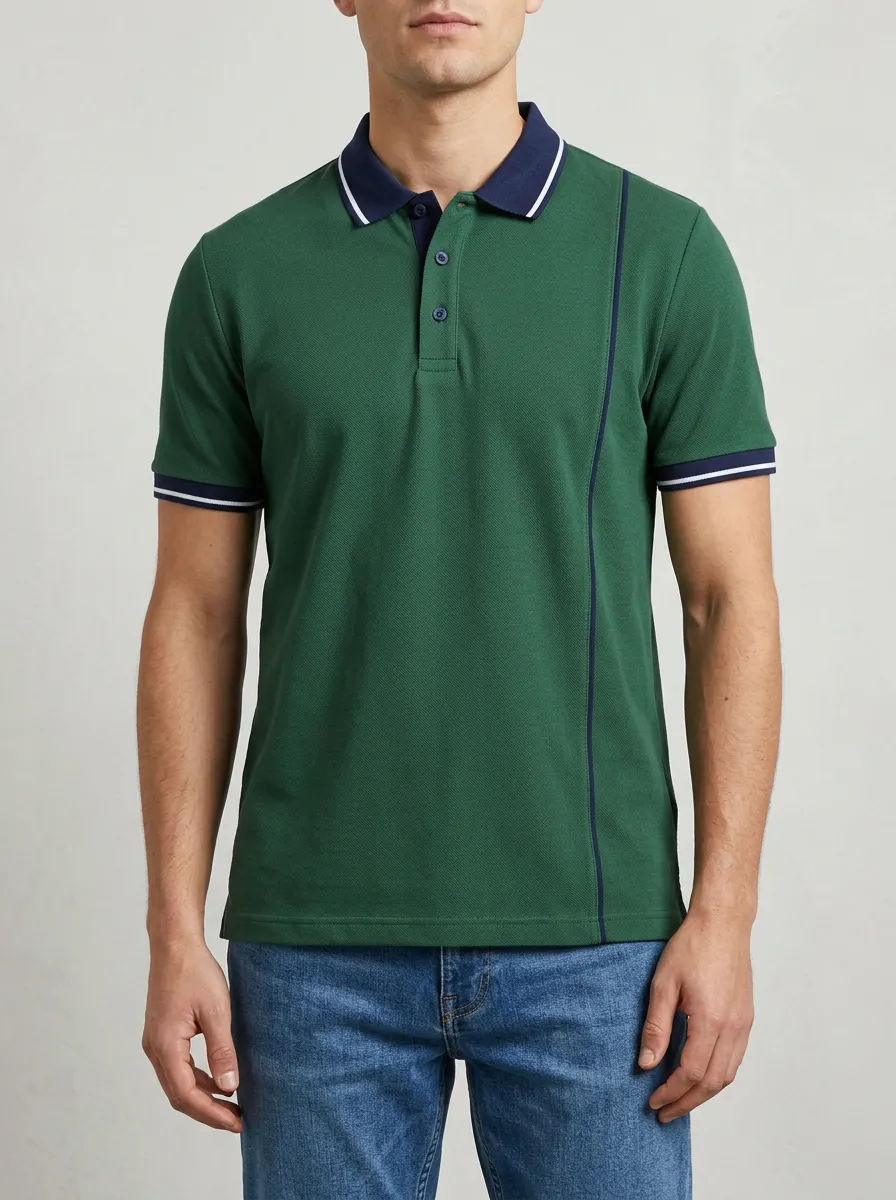 Men's Knit Ribbed Textured Vertical-Stripe Contrast-Piping Contrast-Collar Contrast-Trim Running Graphic Polo Shirt
