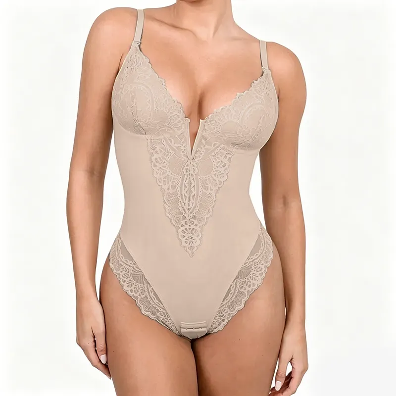 Womens Deep V Lace Bodysuit Built-in Shapewear Breathable Shaping Tops