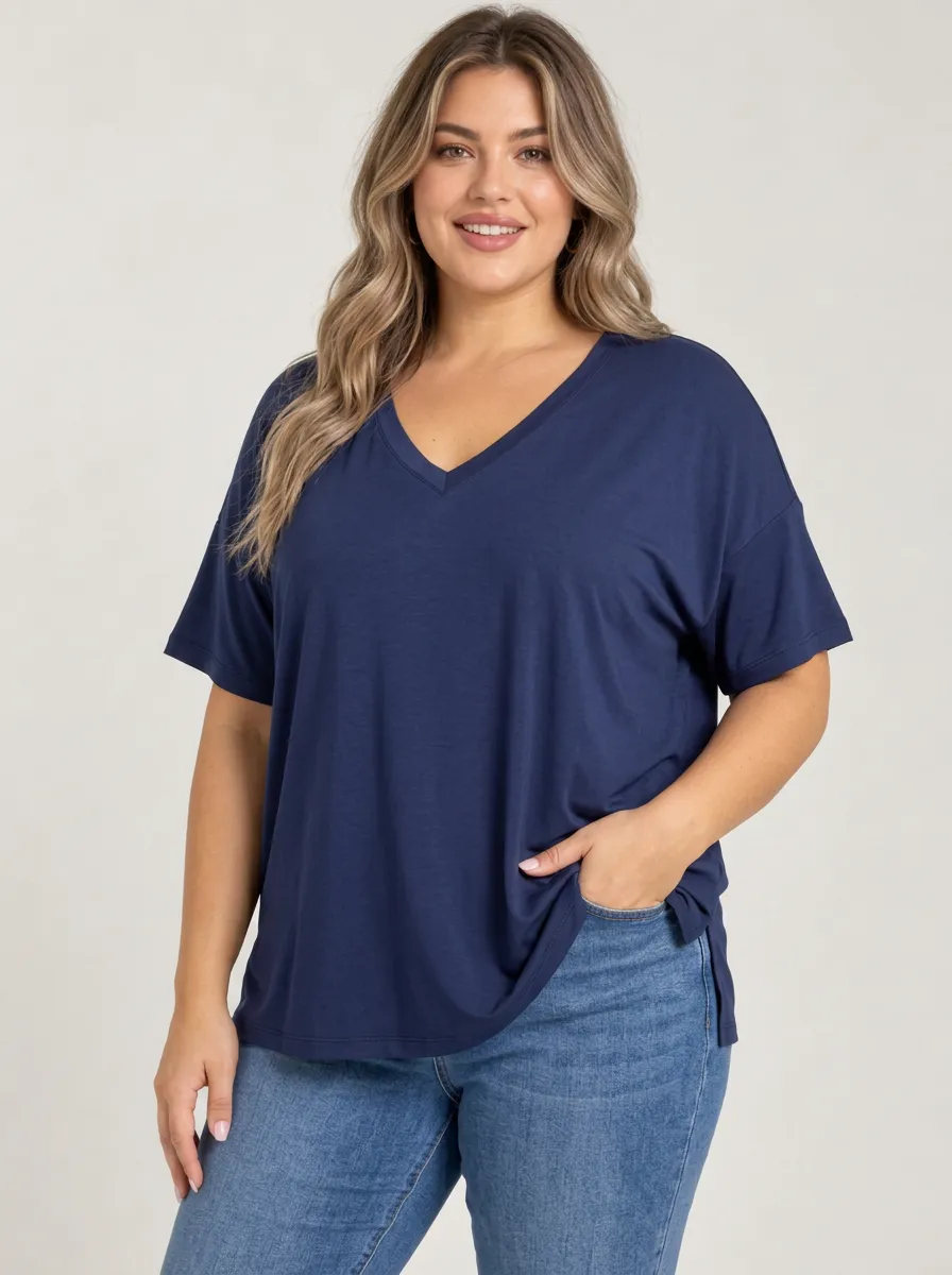 Effortless Plus Size V Neck Relaxed Fit Women's Relaxed V Neck Plus Size T Shirt