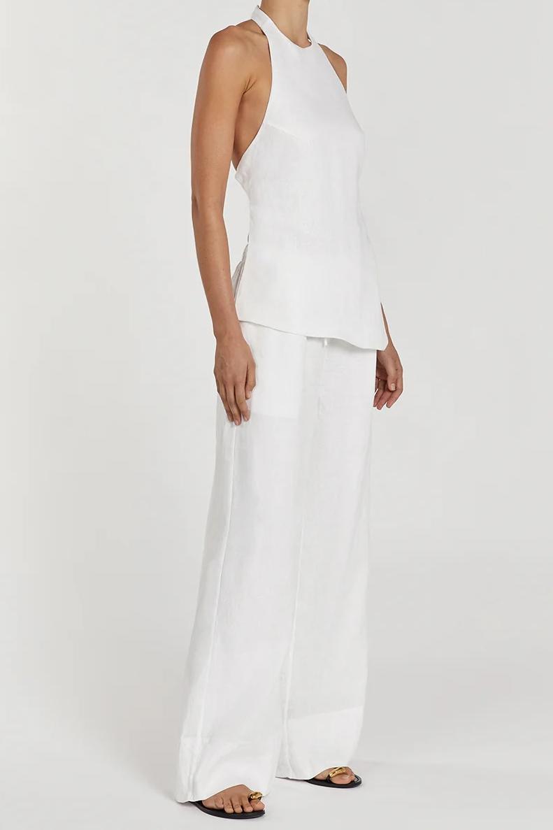 WHITE LINEN ELASTIC WAIST PANT