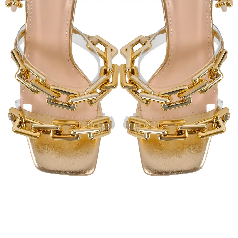 Square Toe Metal Chain Lace Up Stiletto Sandals