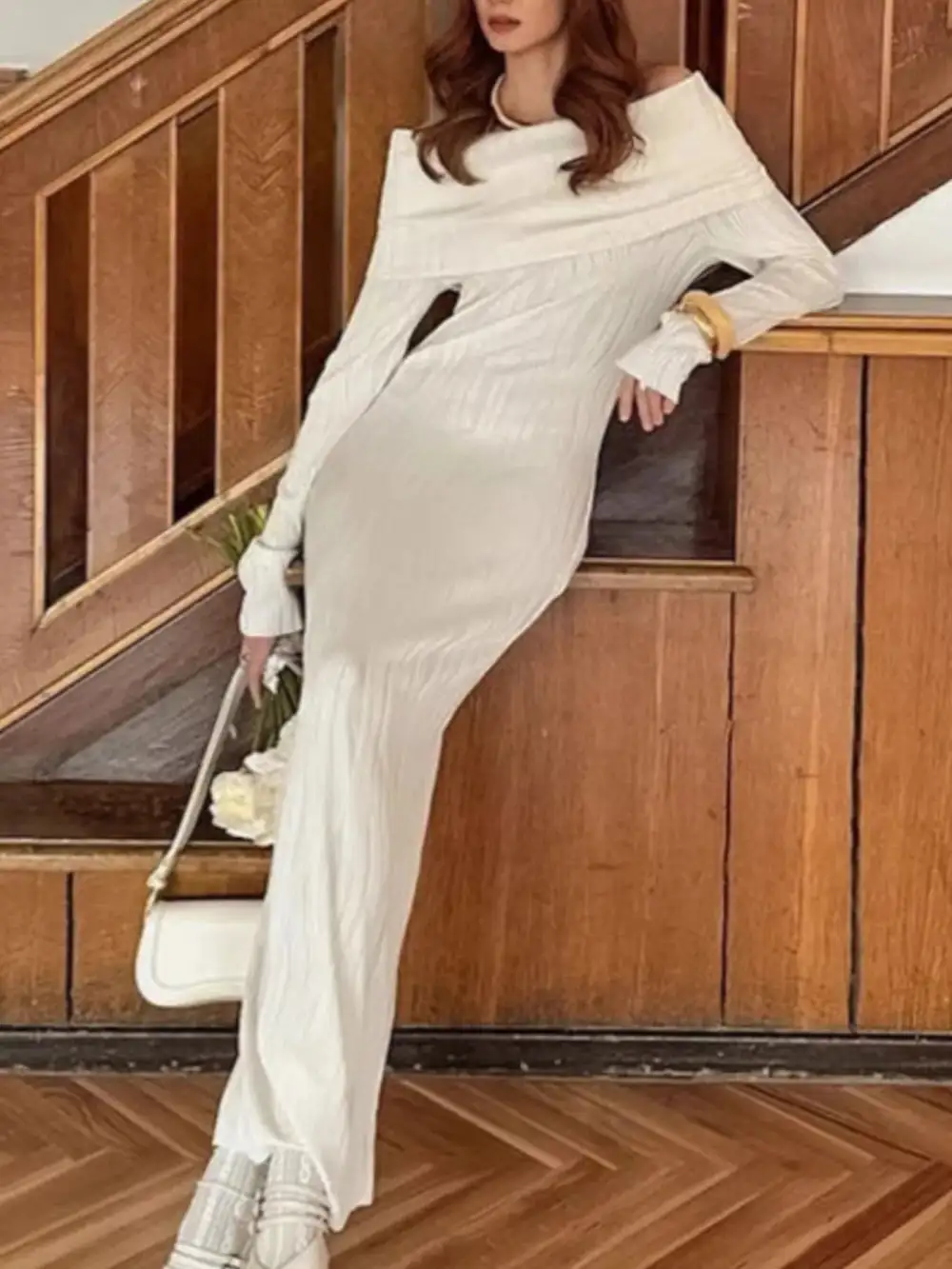 Classic Off-Shoulder Cotton Maxi Dress