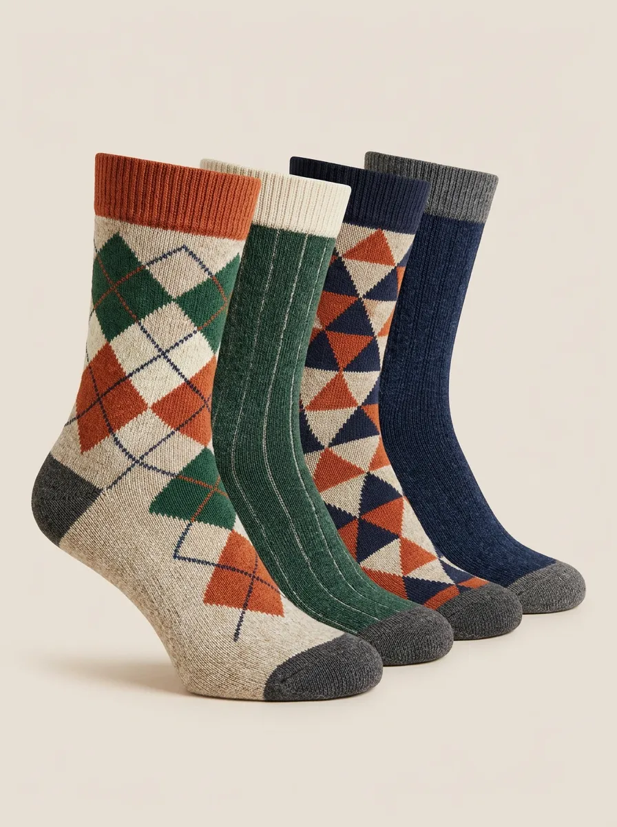 Streamlined Argyle Striped Vintage Modern Look Men's Four Pair Socks