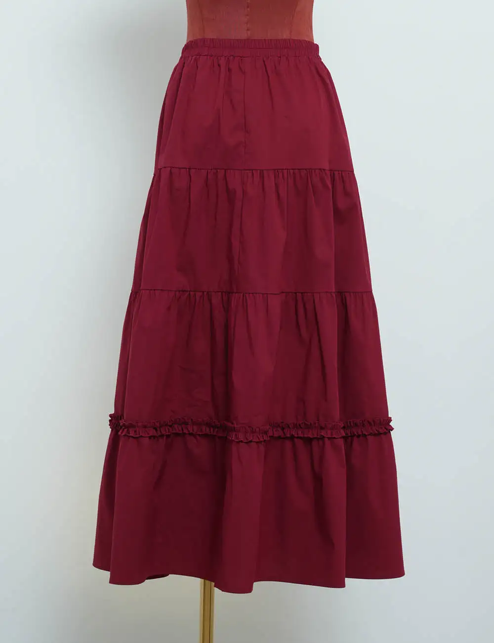 Tiered Hem Elastic Waist Solid Color Midi Skirt