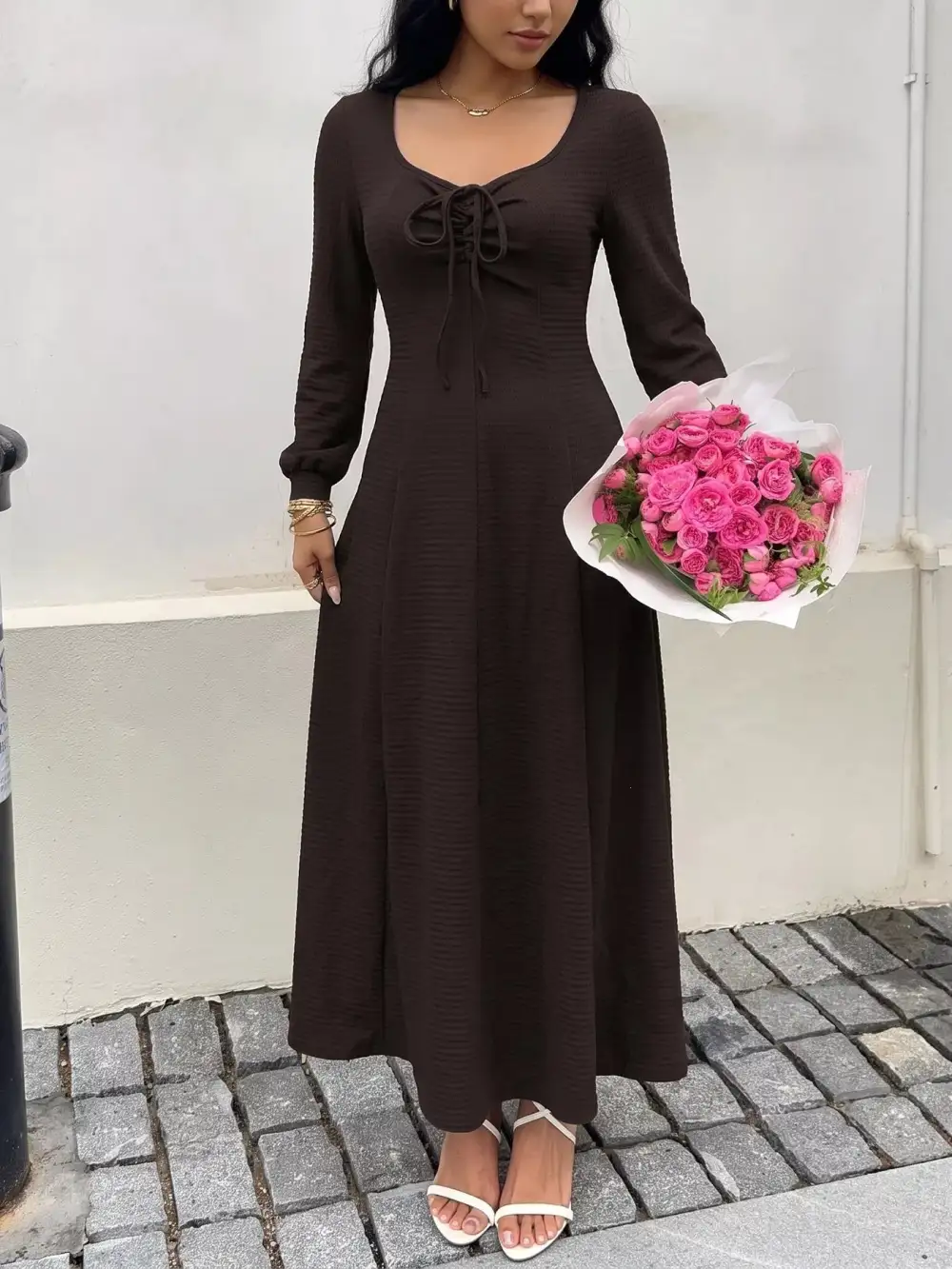 Long Sleeve Tie-Front Maxi Dress