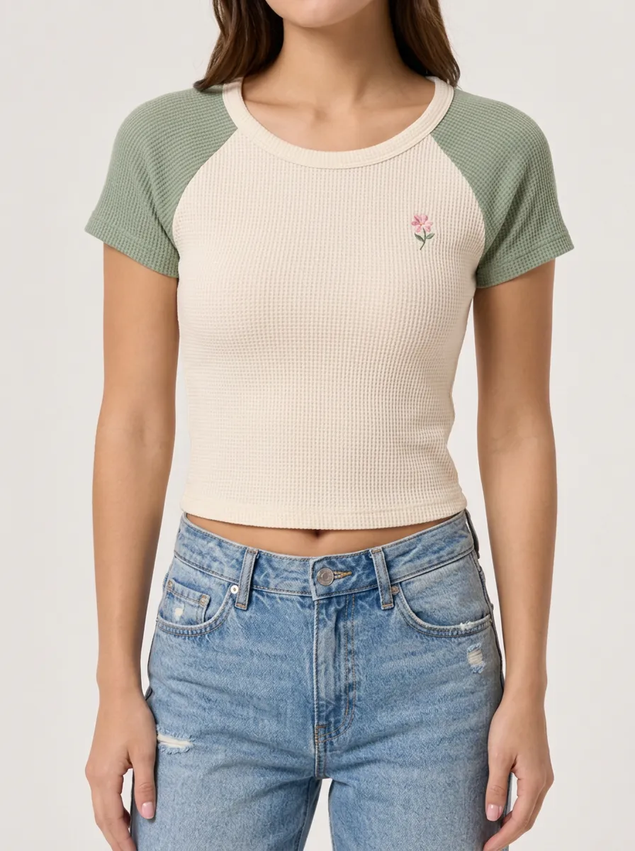 Women's Floral Embroidered Raglan Waffle Knit Crop Top