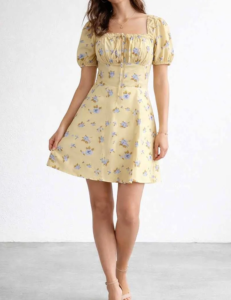 Square Neck Drawstring Short Sleeves Mini Dress