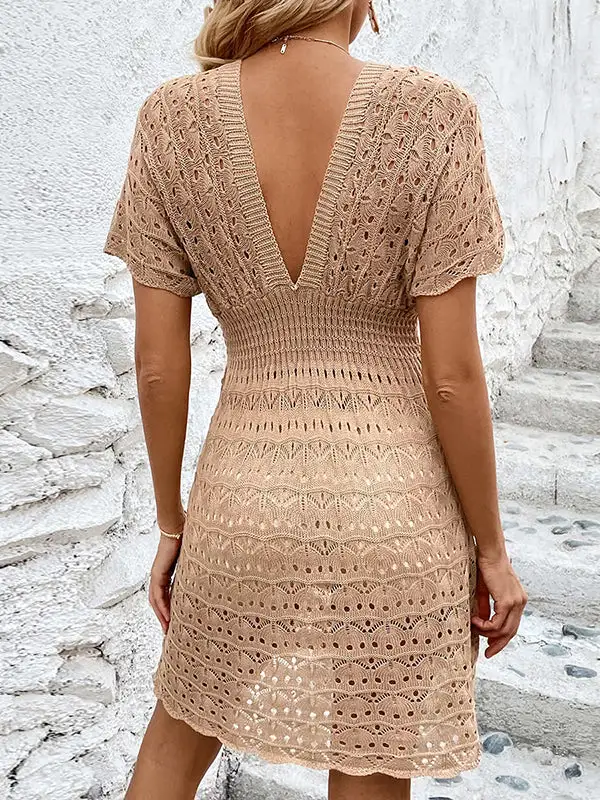 Relaxed Short Sleeve Hollow See Through Solid Color Deep V Neck