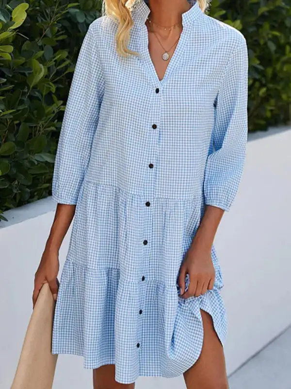 A Line Relaxed Buttoned Plaid Split Joint Stand Collar Mini Dress