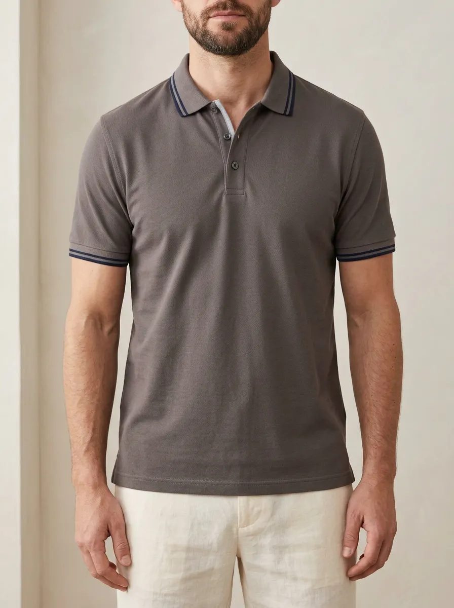 Men's Knit Ribbed Tipped-Collar Polo Shirt