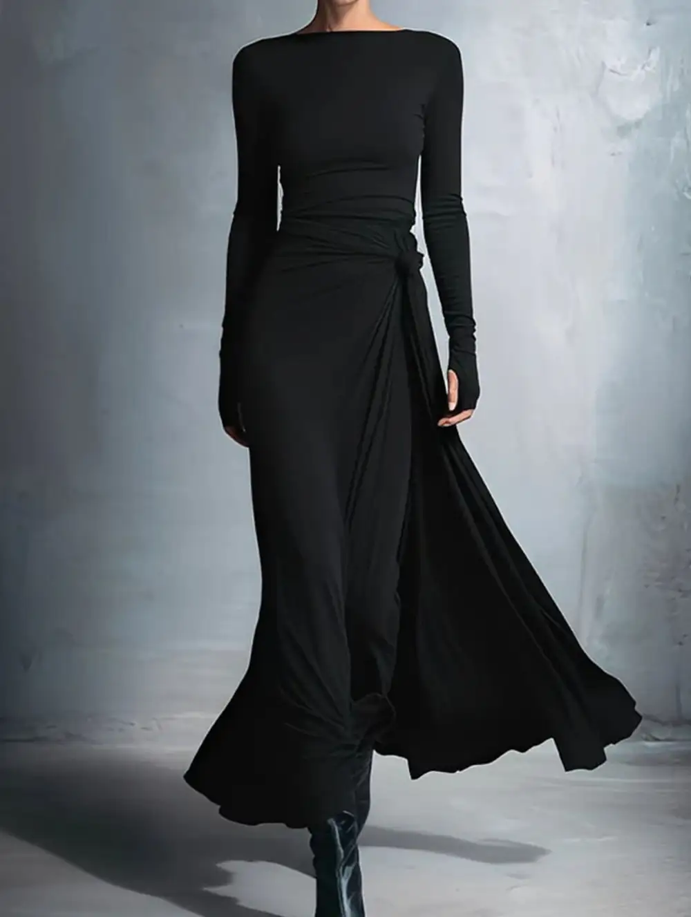 Solid Wrap Style Knot Long Sleeve Dress