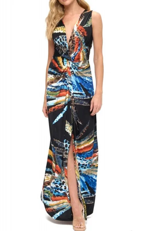 Abstract Print Twist Front Maxi Dress